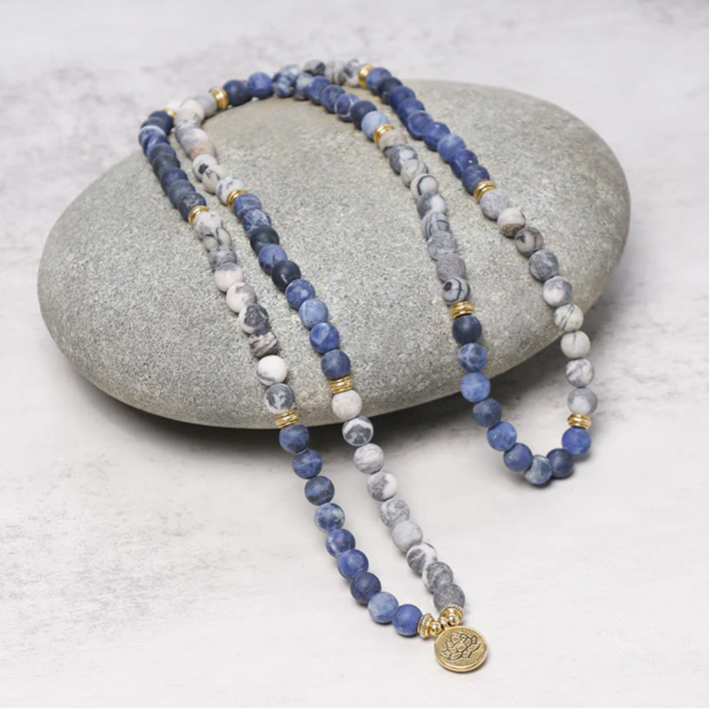 108 Natural Picasso Jasper & Blue Stone Mala Bead Lotus Pendant Bracelet