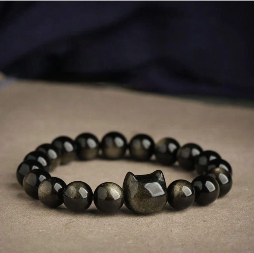 Gold Sheen Obsidian Silver Sheen Obsidian Lovely Paw Lucky Cat Protection Bracelet
