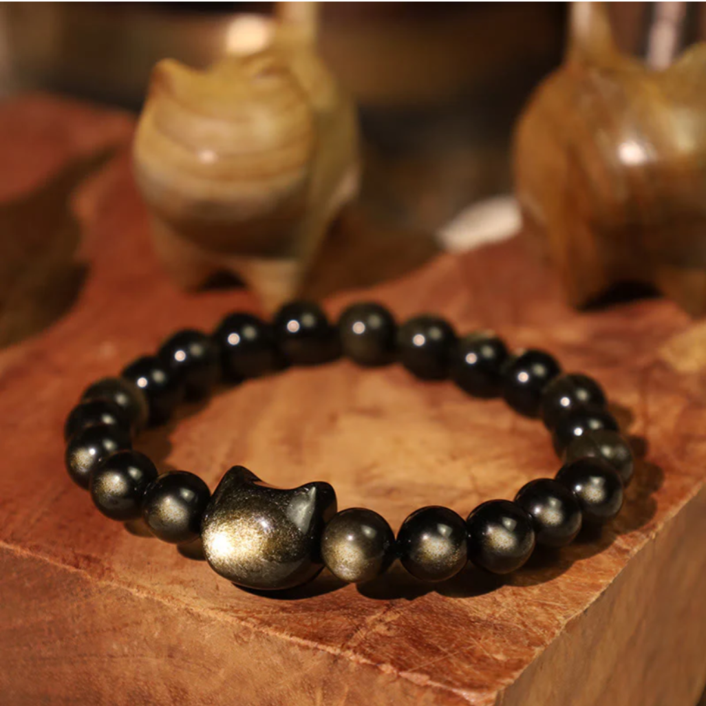 Gold Sheen Obsidian Silver Sheen Obsidian Lovely Paw Lucky Cat Protection Bracelet