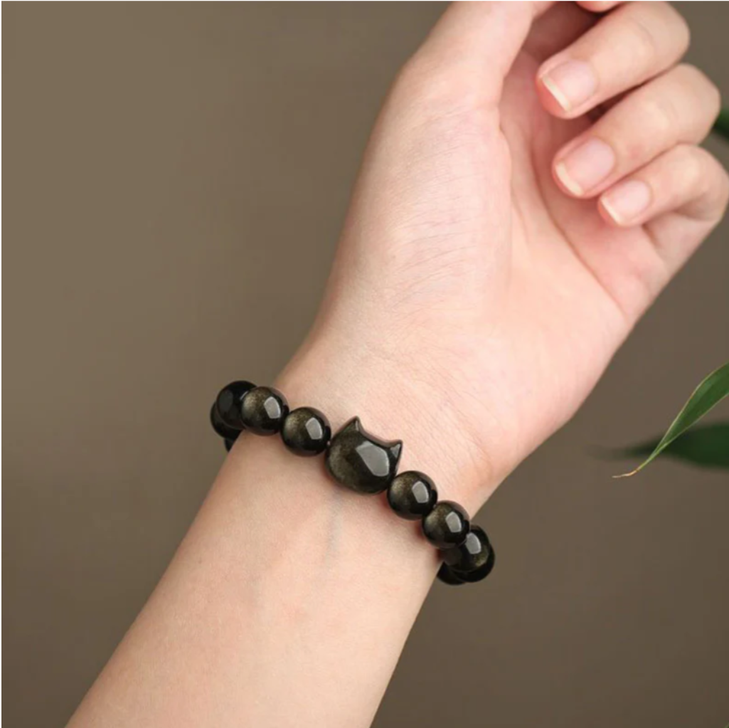 Gold Sheen Obsidian Silver Sheen Obsidian Lovely Paw Lucky Cat Protection Bracelet