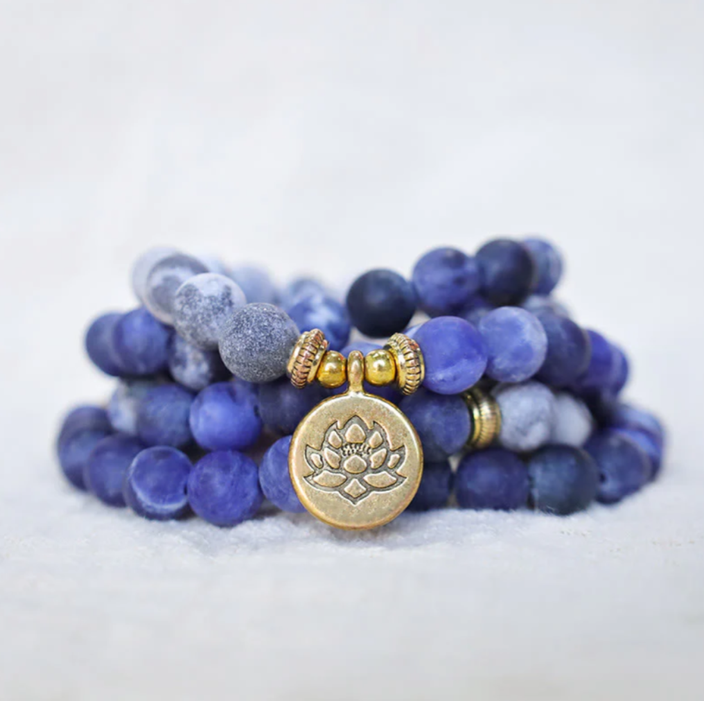 108 Natural Picasso Jasper & Blue Stone Mala Bead Lotus Pendant Bracelet