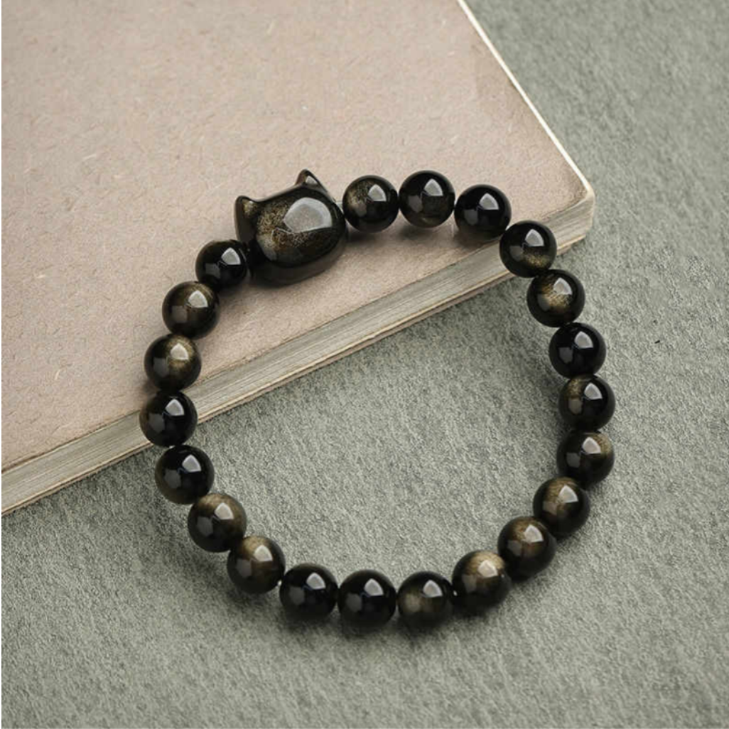 Gold Sheen Obsidian Silver Sheen Obsidian Lovely Paw Lucky Cat Protection Bracelet