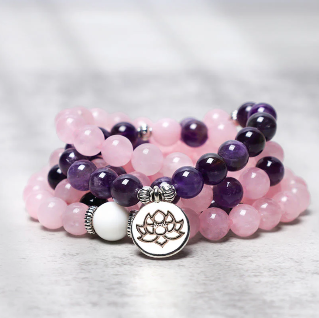 Natural Rose Quartz & Amethyst Mala Bead Lotus Pendant Bracelet