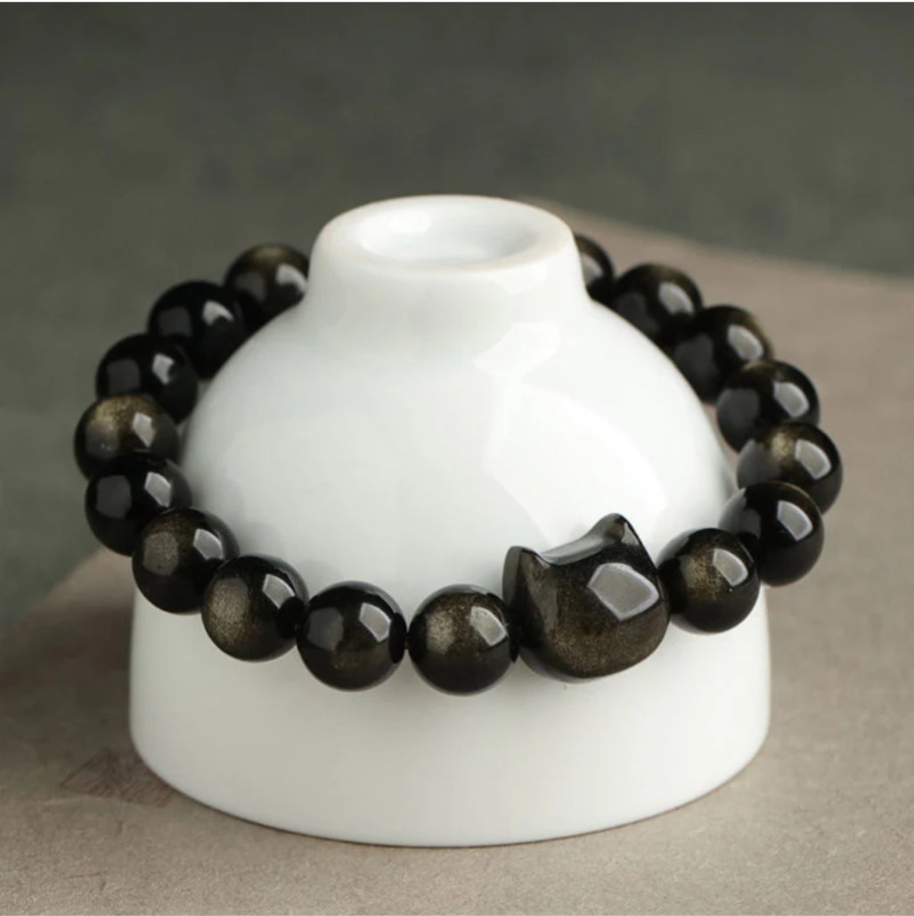 Gold Sheen Obsidian Silver Sheen Obsidian Lovely Paw Lucky Cat Protection Bracelet