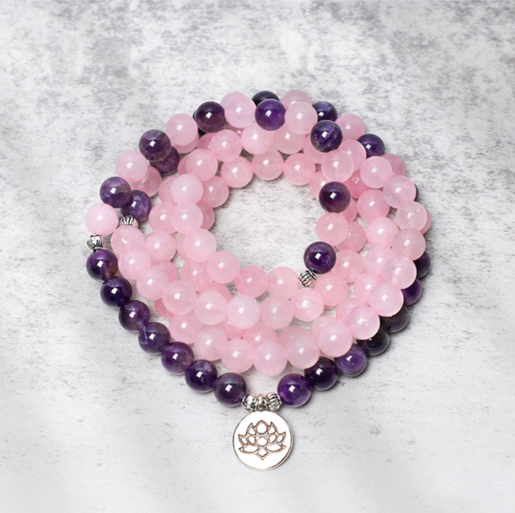 Natural Rose Quartz & Amethyst Mala Bead Lotus Pendant Bracelet