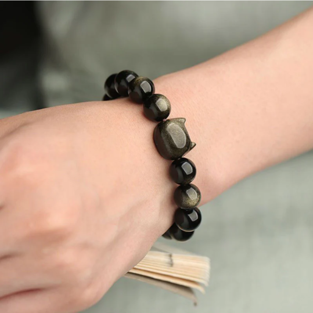 Gold Sheen Obsidian Silver Sheen Obsidian Lovely Paw Lucky Cat Protection Bracelet