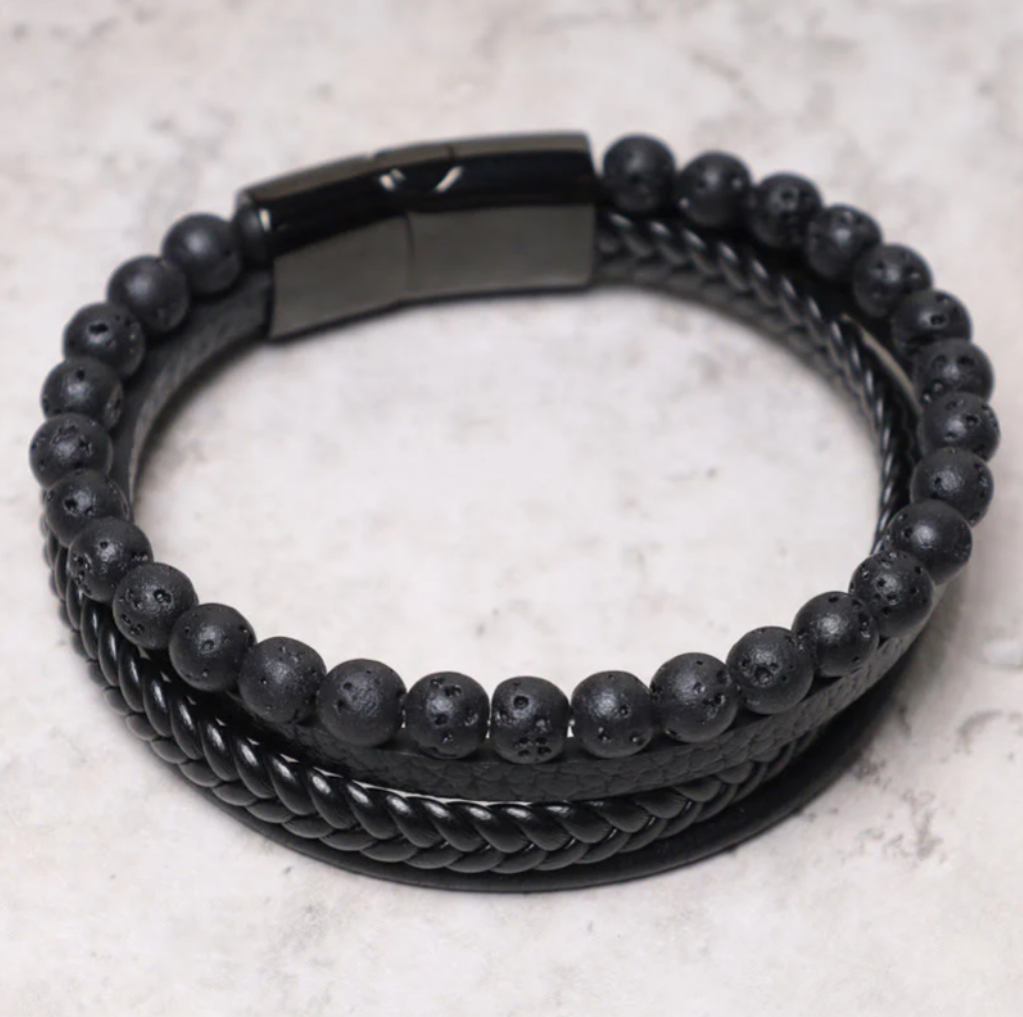 Natural Lava Rock Black Onyx Bead Leather Bracelet