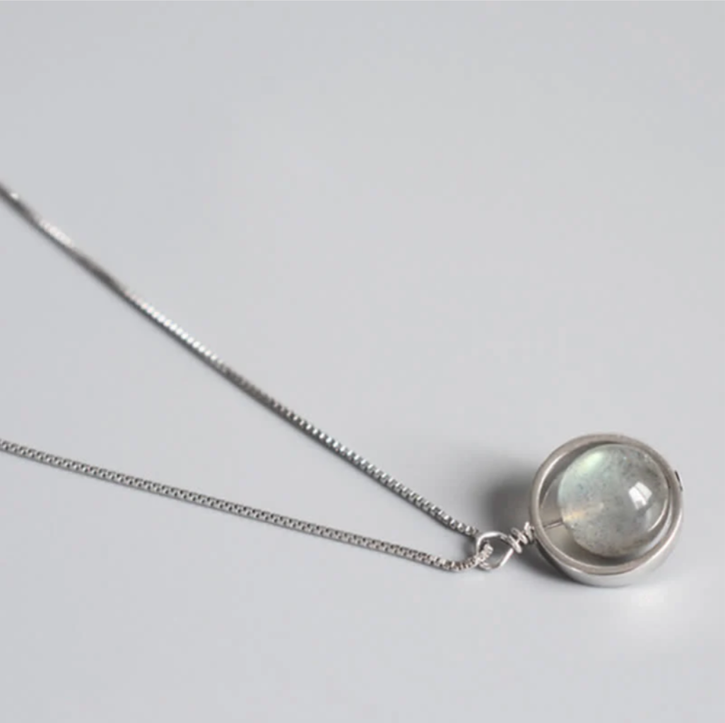 925 Sterling Silver Moonstone Love Planet Rotatable Pattern Necklace Pendant