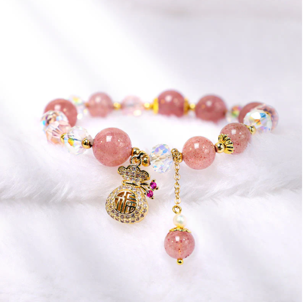 Natural Strawberry Quartz Crystal Money Bag Charm Positive Bracelet