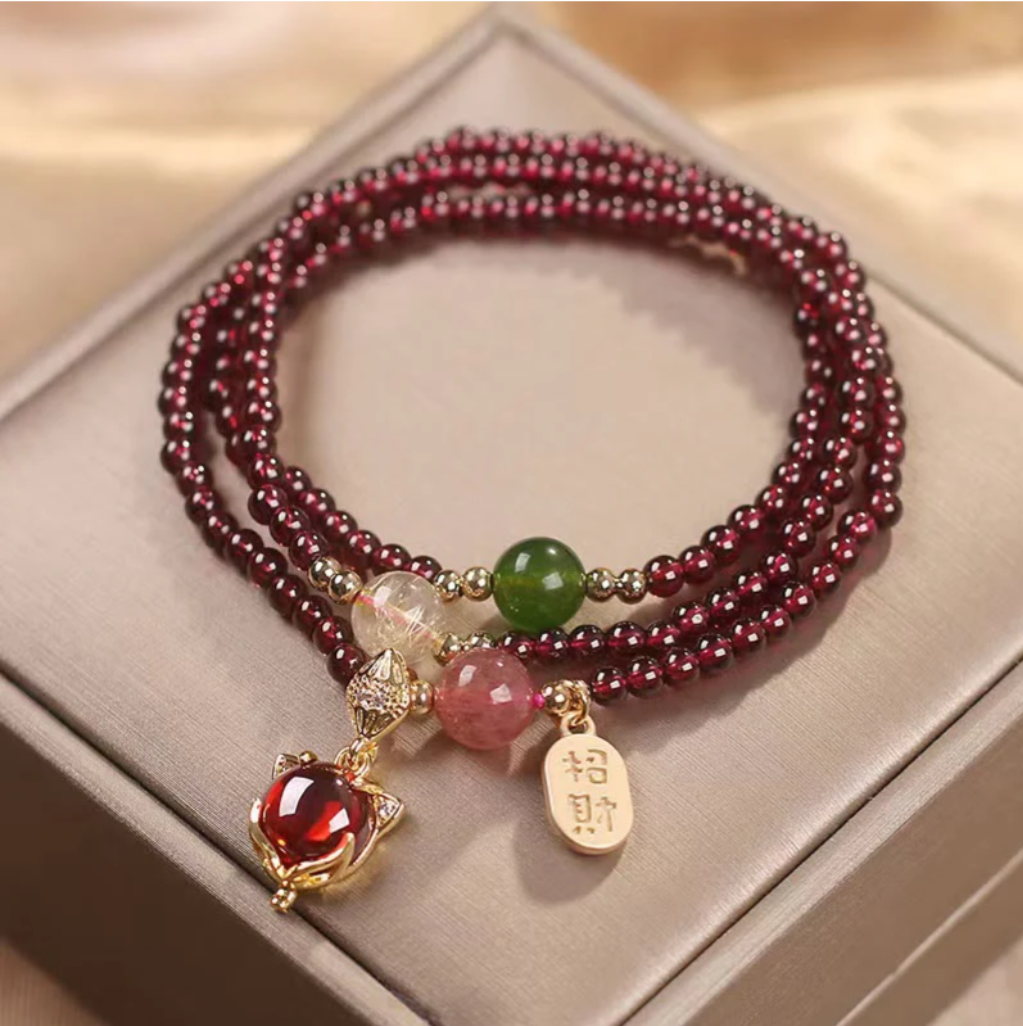 Natural Garnet Strawberry Quartz Crystal Fox Koi Fish Peace Buckle Fortune Protection Triple Wrap Bracelet