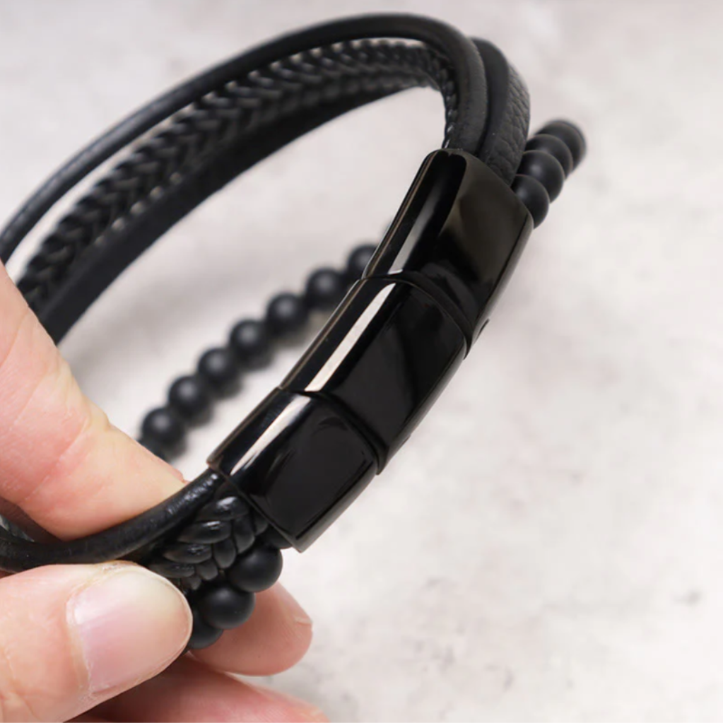 Natural Lava Rock Black Onyx Bead Leather Bracelet
