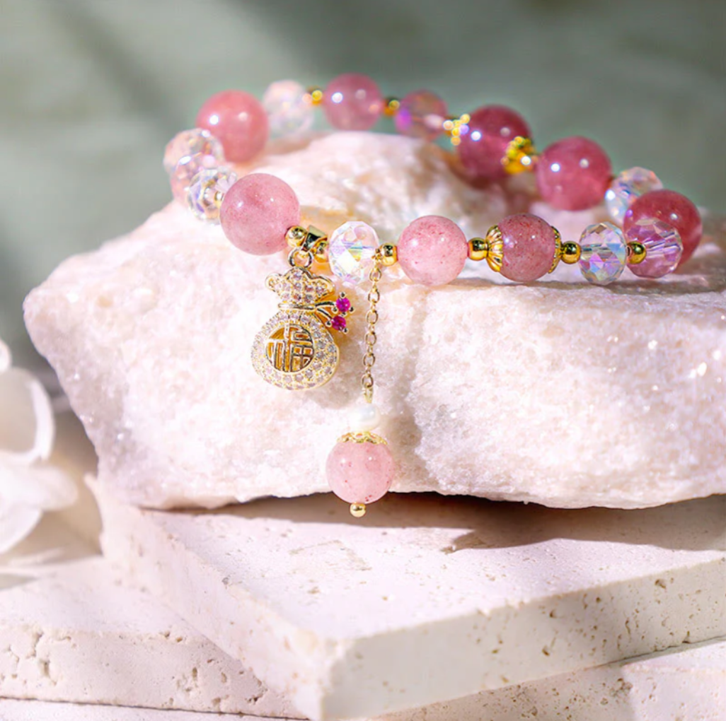 Natural Strawberry Quartz Crystal Money Bag Charm Positive Bracelet