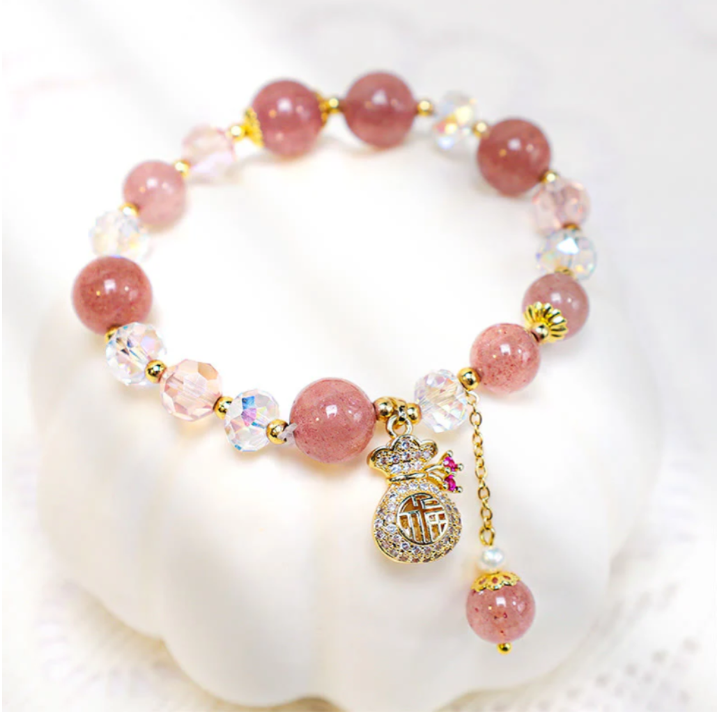 Natural Strawberry Quartz Crystal Money Bag Charm Positive Bracelet