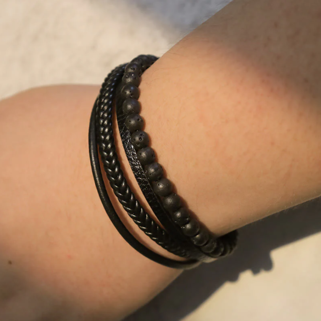 Natural Lava Rock Black Onyx Bead Leather Bracelet
