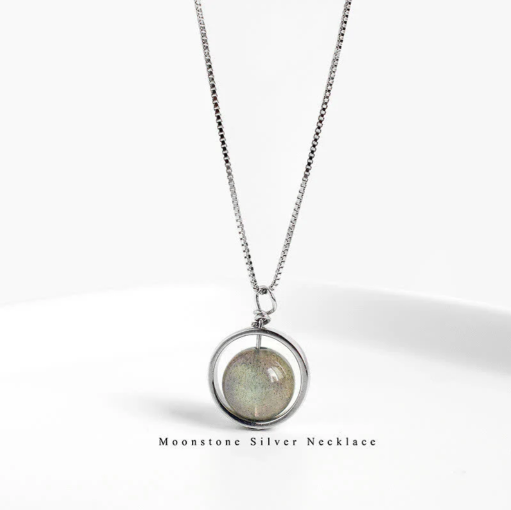 925 Sterling Silver Moonstone Love Planet Rotatable Pattern Necklace Pendant