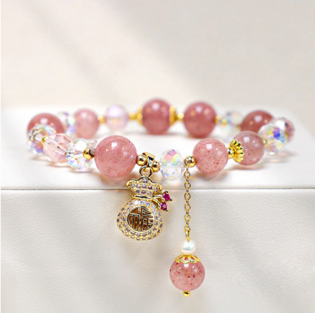 Natural Strawberry Quartz Crystal Money Bag Charm Positive Bracelet