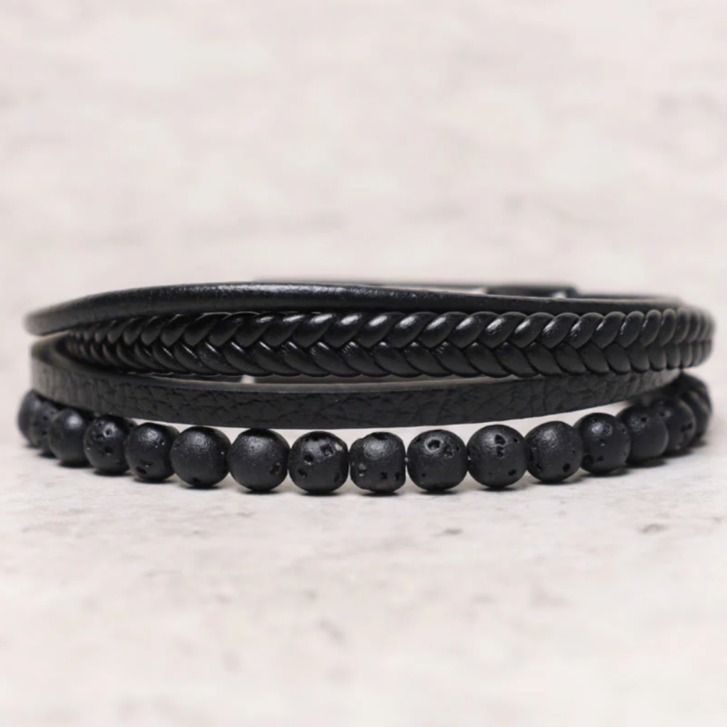 Natural Lava Rock Black Onyx Bead Leather Bracelet