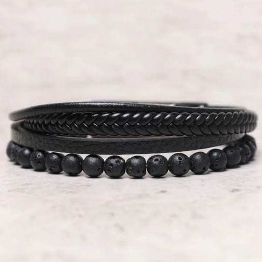 Natural Lava Rock Black Onyx Bead Leather Bracelet