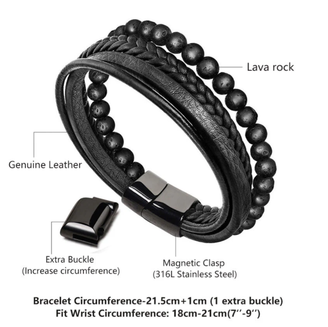 Natural Lava Rock Black Onyx Bead Leather Bracelet
