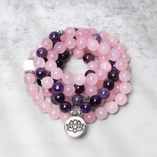 Natural Rose Quartz & Amethyst Mala Bead Lotus Pendant Bracelet